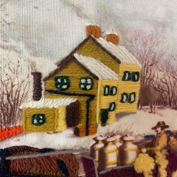 Vintage Crewel Needlepoint Folk Art Farmhouse Sleigh Ride Wall Art Picture - Picture 4 of 14